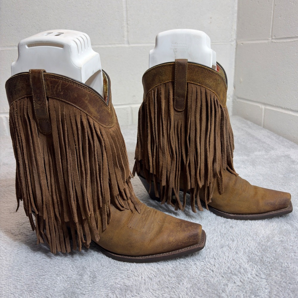 Ariat Fringe Western Boots Women 9B Brown Leather Small Square Toe 10014102 Boho
